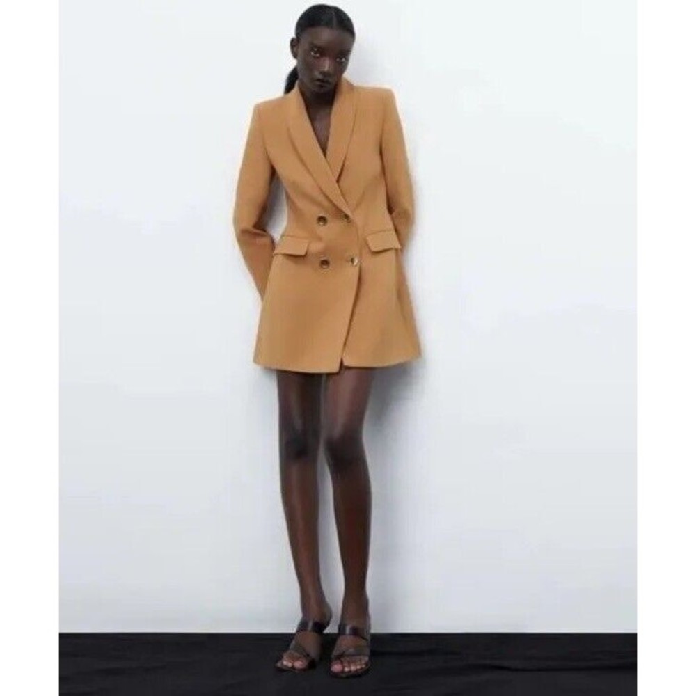 Zara Basic Collection Camel Double Breasted  Long Blazer Jacket Dress Women M‎